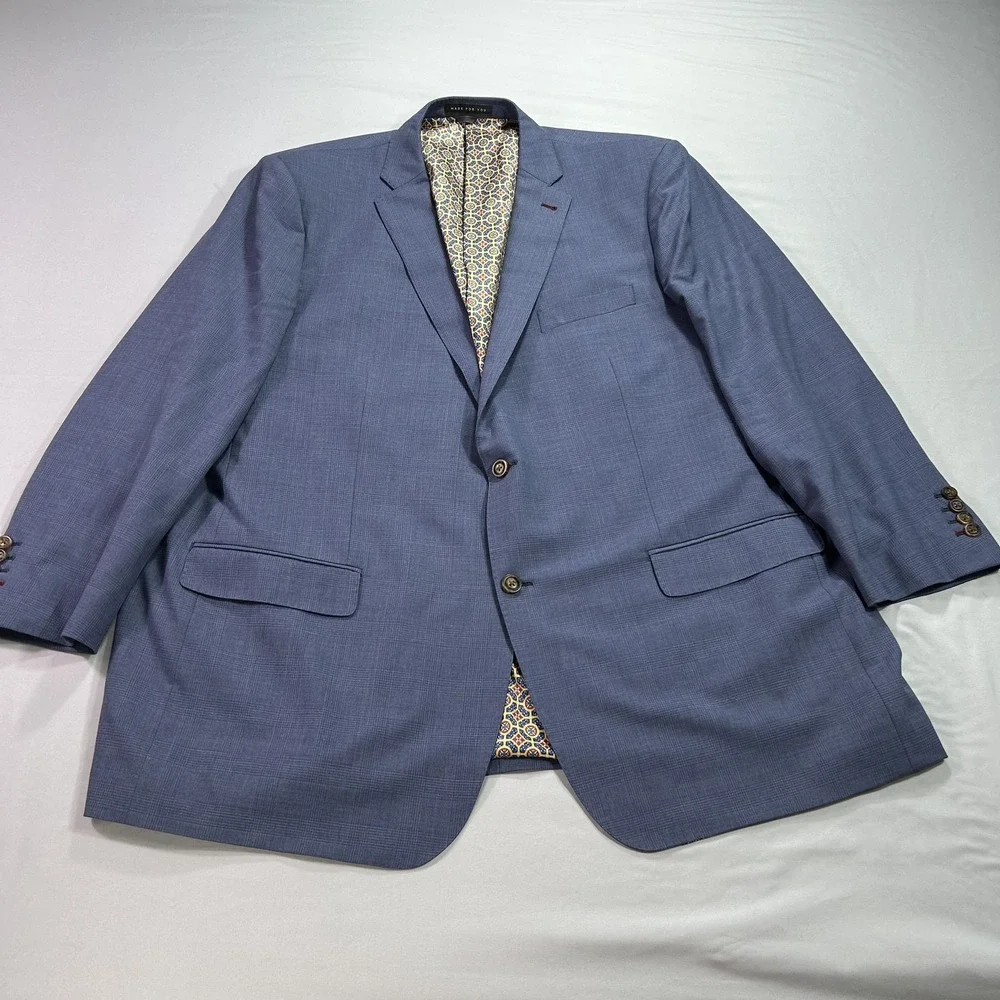 Indochino Blazer Mens 56 Blue Wool Two Button Suit Jacket Patterned‎ Lining